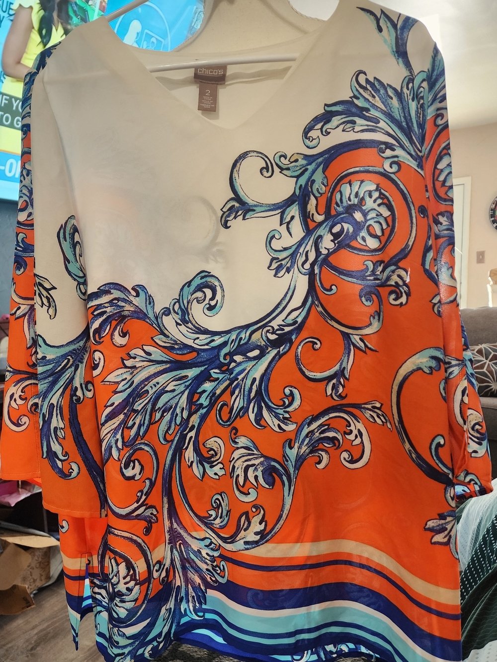 Chico's Orange and Blue Decorative Tunic Top Sz 2X